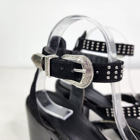 ASOS Western Studded Open Toe Strappy Chunky Heels Womens Size 7 Black Silver - Picture 6 of 14